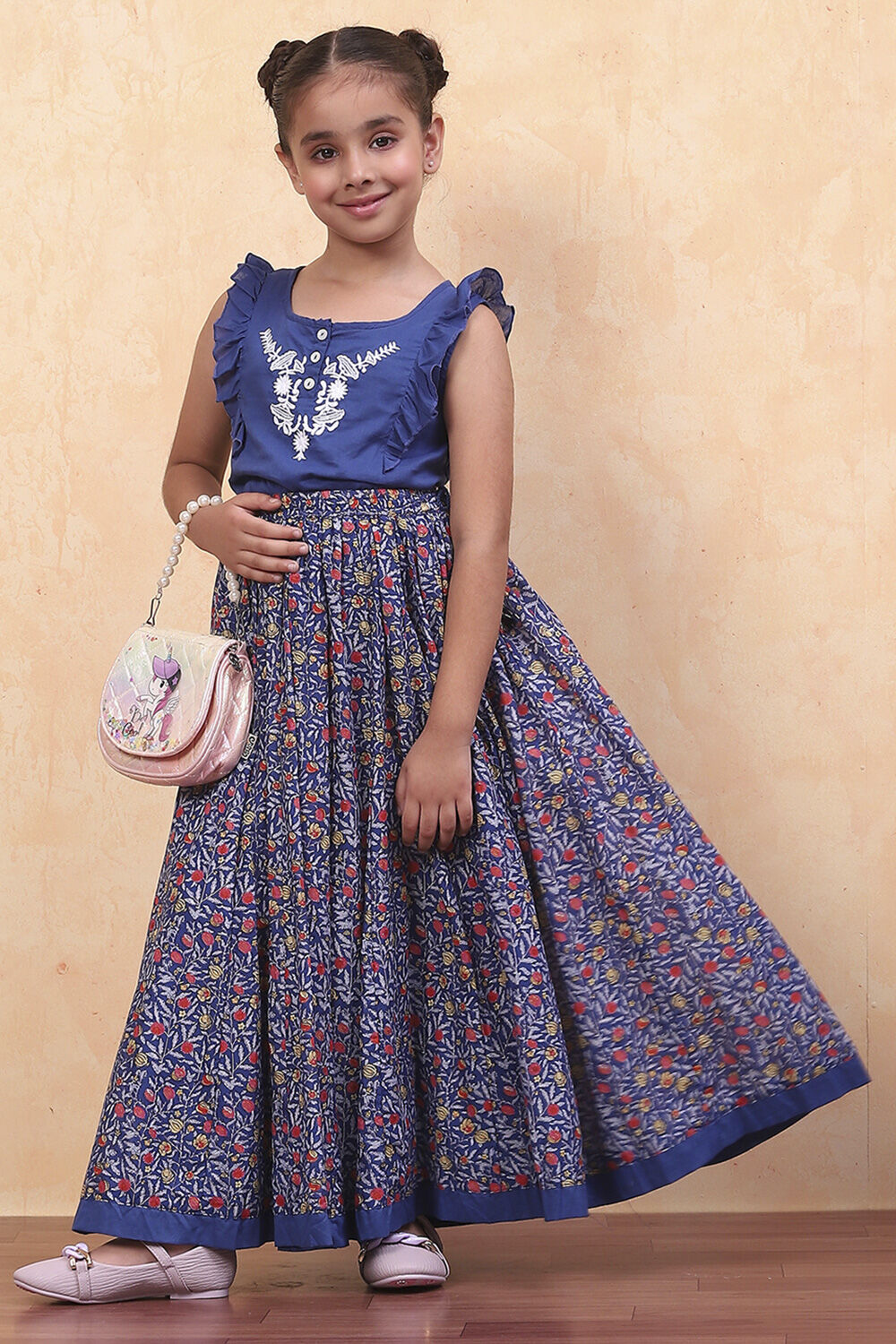 Blue Cotton Straight Printed Kurta Skirt Suit Set