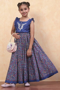 Blue Cotton Straight Printed Kurta Skirt Suit Set image number 0