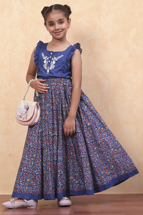 Blue Cotton Straight Printed Kurta Skirt Suit Set image number 0