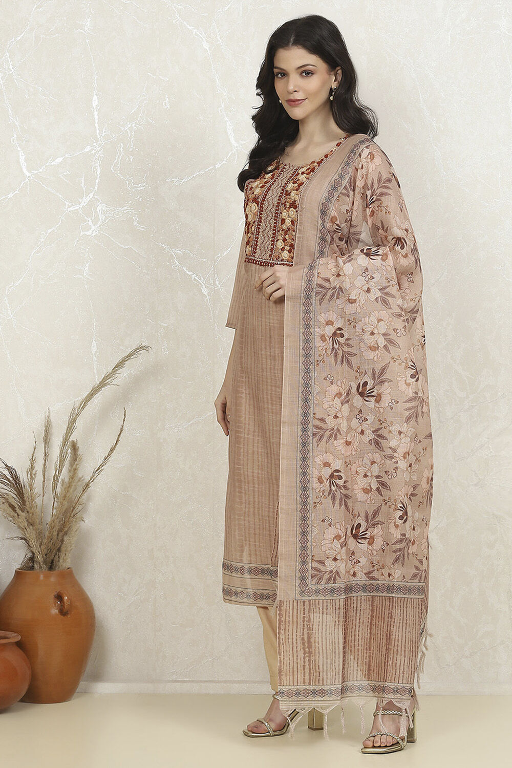 Beige Chanderi Hand Embroidered Unstitched Suit Set image number 4