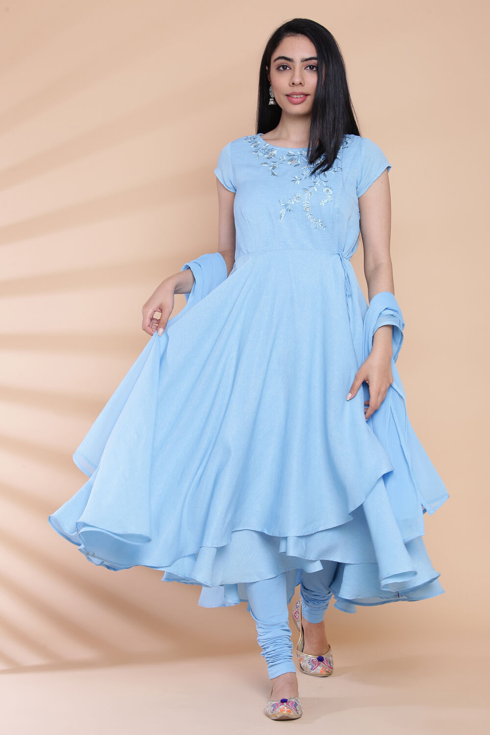 Powder Blue Art Silk Anarkali Kurta Churidar Suit Set at Biba India