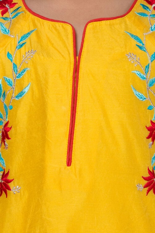 Red And Yellow Poly Cotton Asymmetric Kurta Sharara Suit Set image number 1