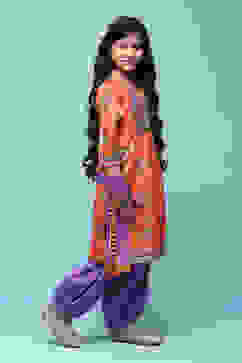 Orange Polyester Gathered Printed Suit Set image number 6