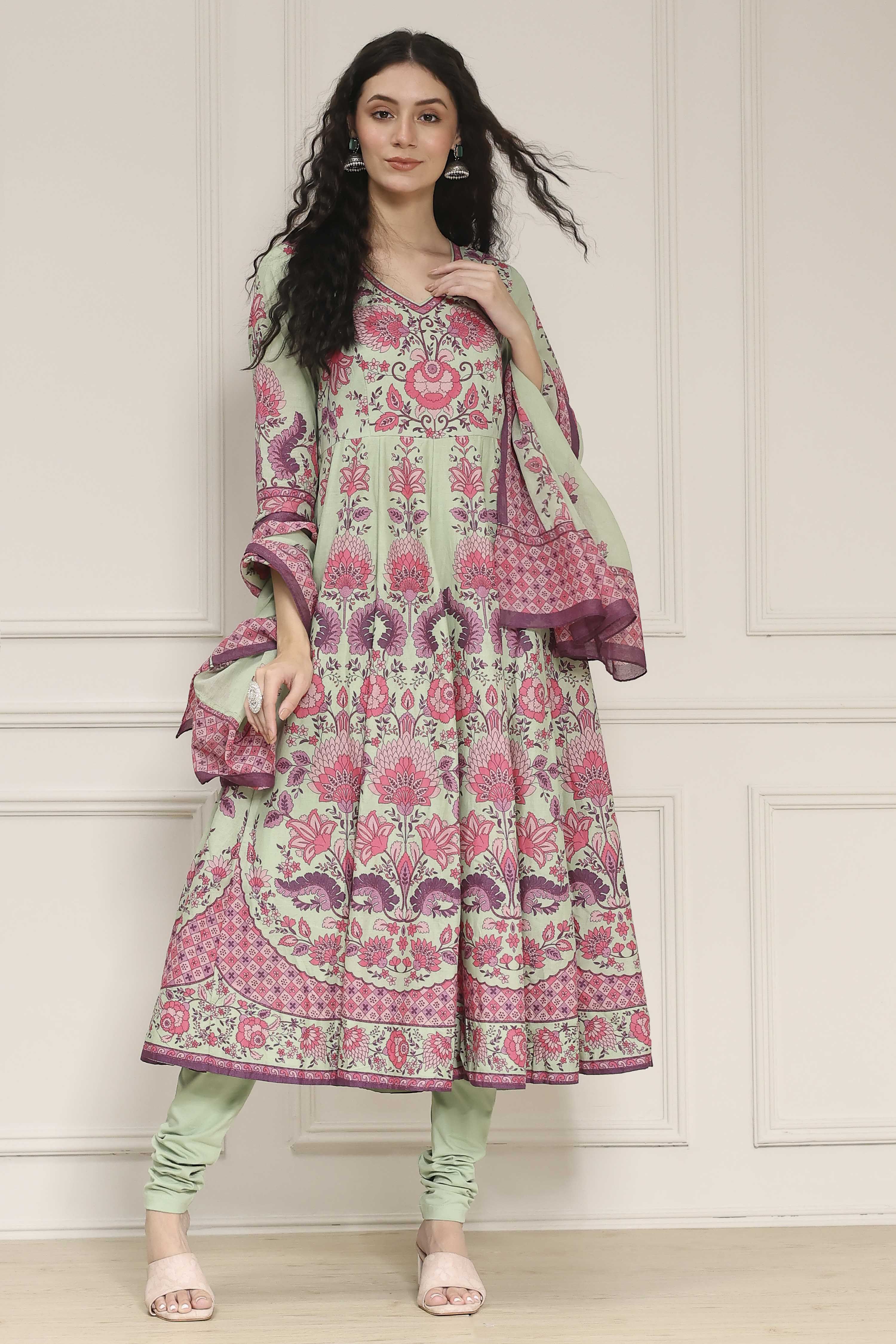Light Pink Cotton Printed Anarkali Suit Set image number 6