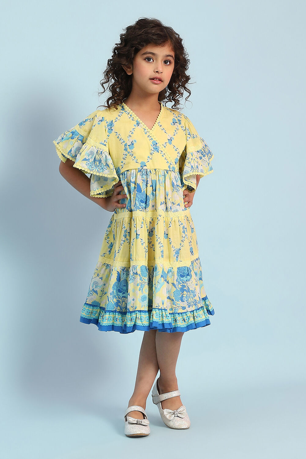 Yellow Cotton Printed Tiered Dress image number 5