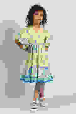 Yellow Cotton Printed Tiered Dress image number 5