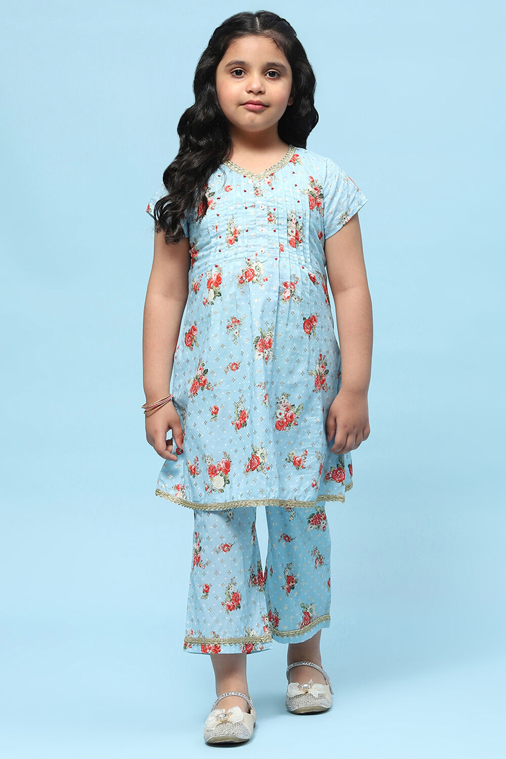 Blue Cotton Floral Printed A-Line Kurta Set image number 6