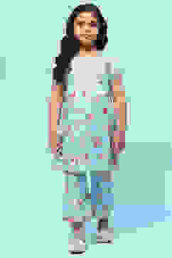 Blue Cotton Floral Printed A-Line Kurta Set image number 6