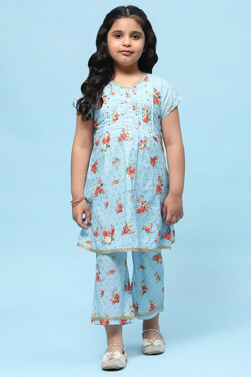 Blue Cotton Floral Printed A-Line Kurta Set image number 6