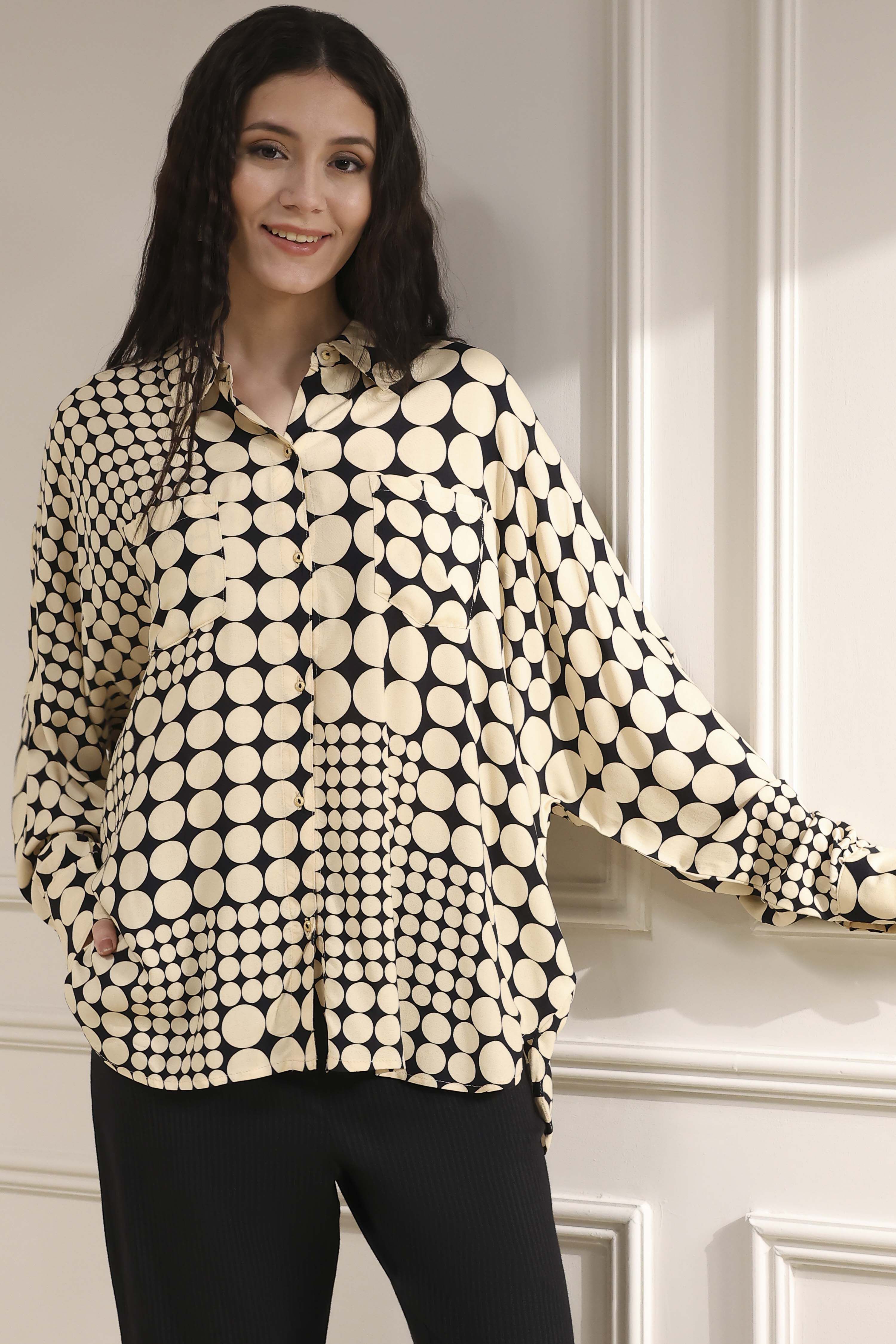 Ivory Viscose Asymmetric Printed Top image number 0