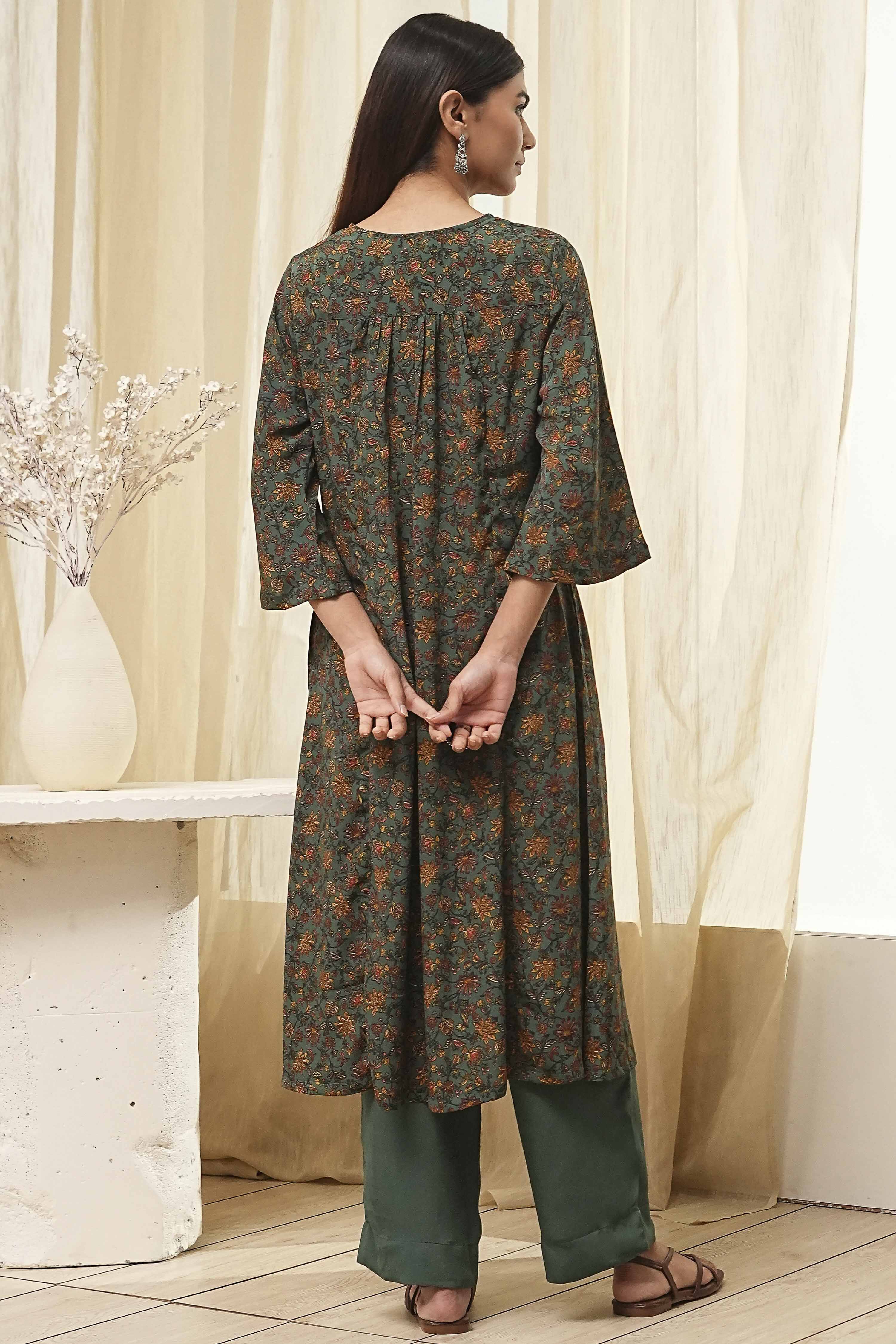 Green Art Silk Straight Suit Set image number 4