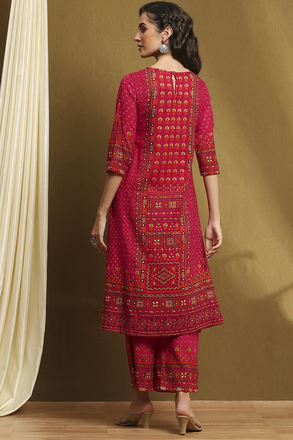 Fuchsia Cotton Printed A-Line Kurta Set image number 4