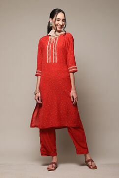Brown & Red Polyester Straight Kurta Narrow Palazzo Suit Set image number 7