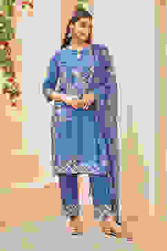 Indigo Rayon Straight Suit Set image number 5