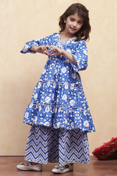 Navy Blue Cotton Angrakha Tiered Kurta Set image number 3