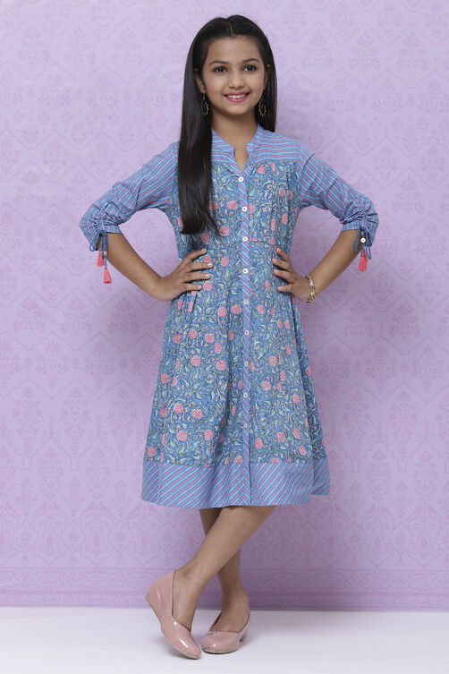 Blue Cotton Kalidar Printed Dress image number 2