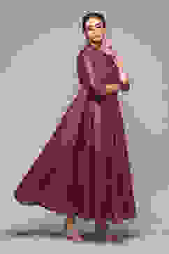 Wine Cotton Flared Printed Dress image number 3