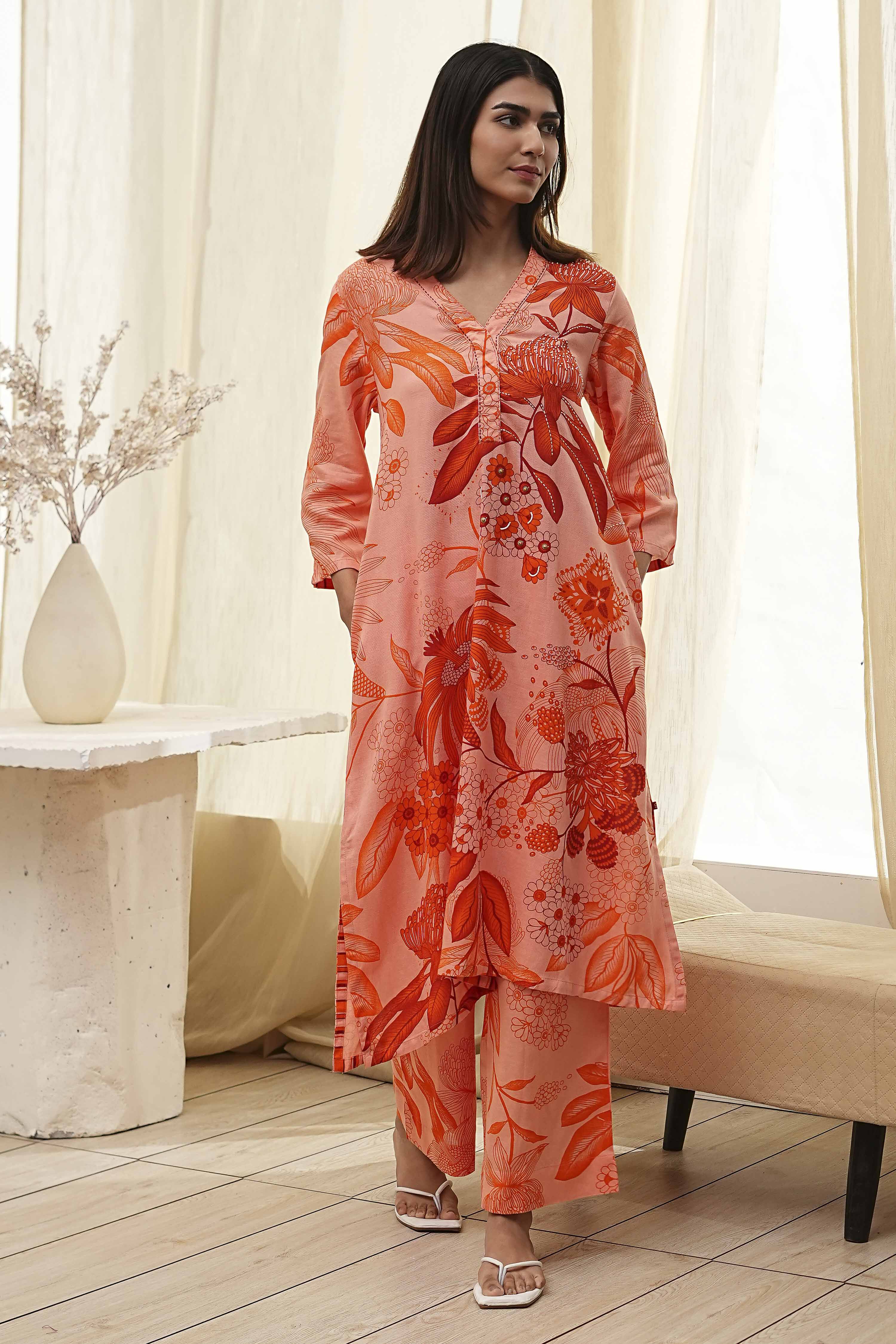 Peach-Colored Floral Straight Kurta Set image number 0