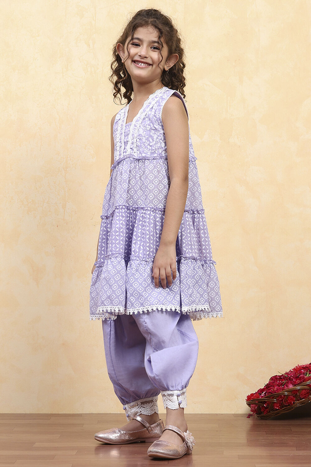 Dark Blue Cotton Tiered Printed Kurta Salwar Set image number 3