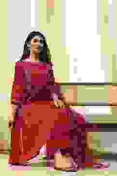 Red Cotton Foil Printed Kalidar Suit Set image number 0