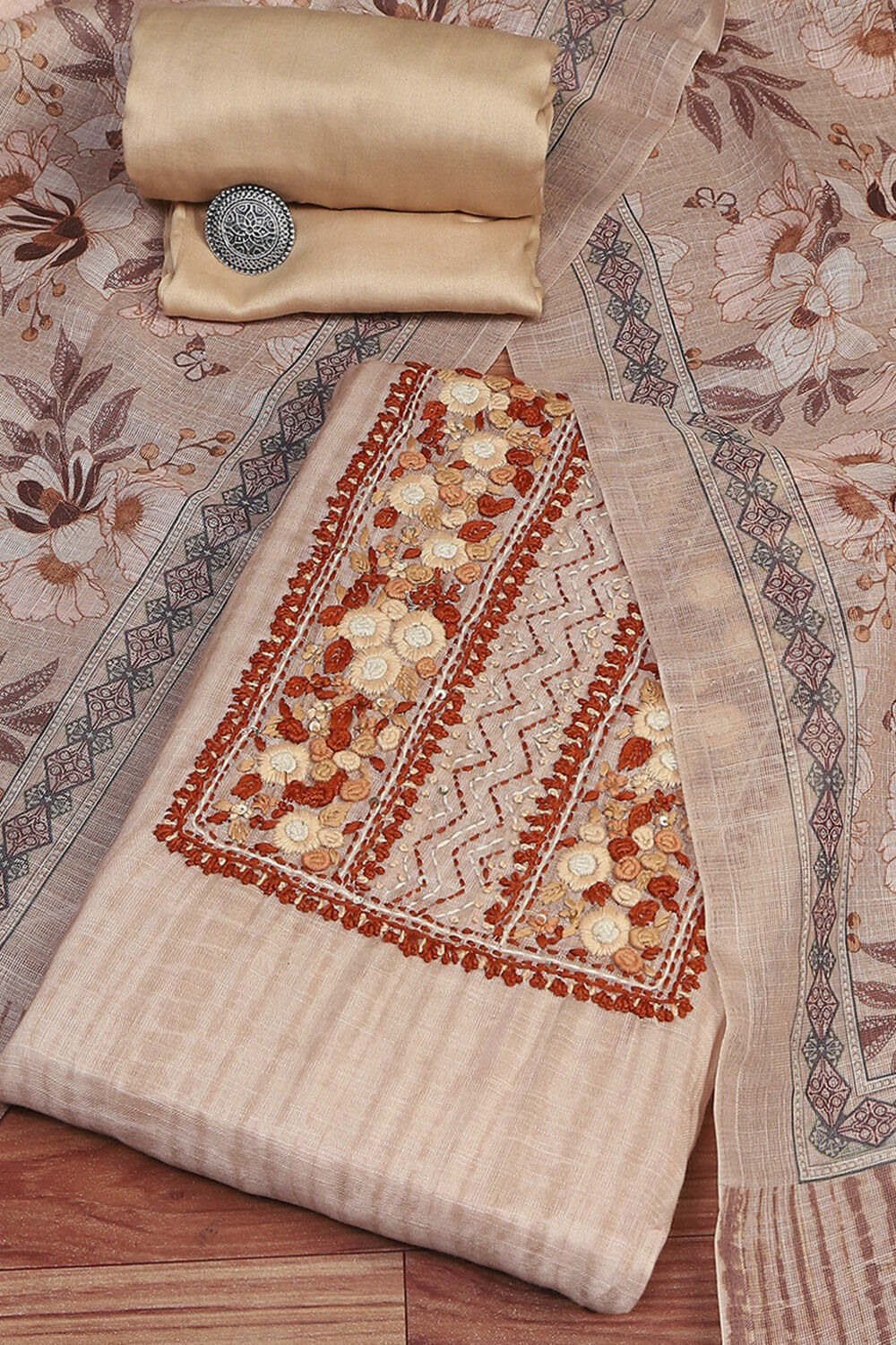 Beige Chanderi Hand Embroidered Unstitched Suit Set image number 0