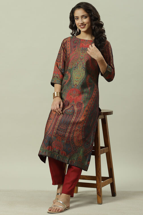 Burnt Orange Rayon Straight Printed Kurta image number 5