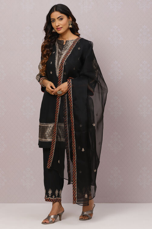 Off White Cotton Viscose Straight Kurta Narrow Palazzo Suit Set image number 4