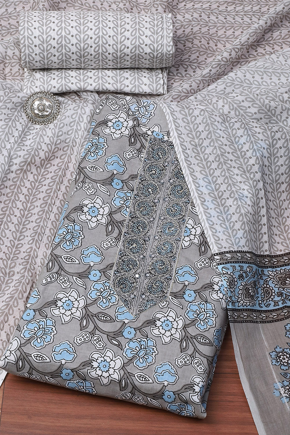 Grey Cotton Hand Block Print Unstitched Suit Set image number 0