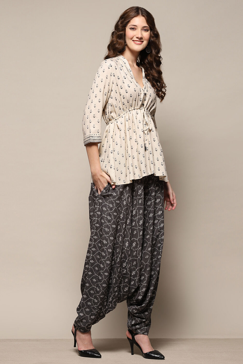 Charcoal Rayon Asymmetric Printed Kurta Set image number 5