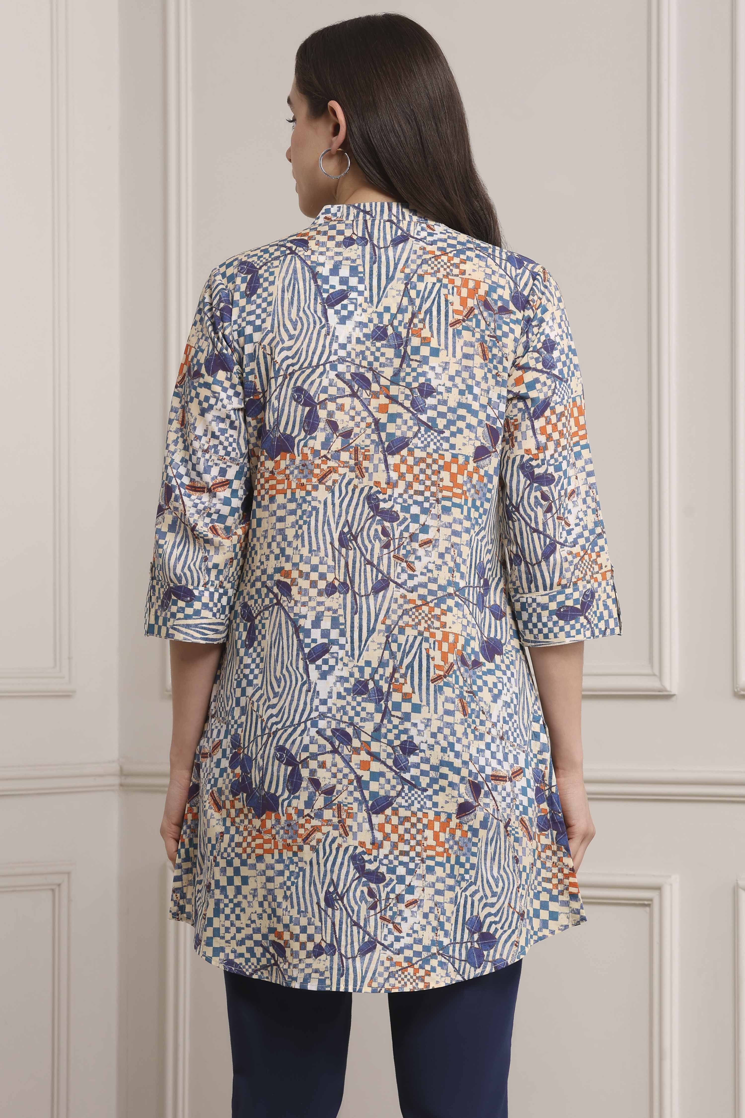 Blue Cotton Printed Straight Short Kurta image number 3