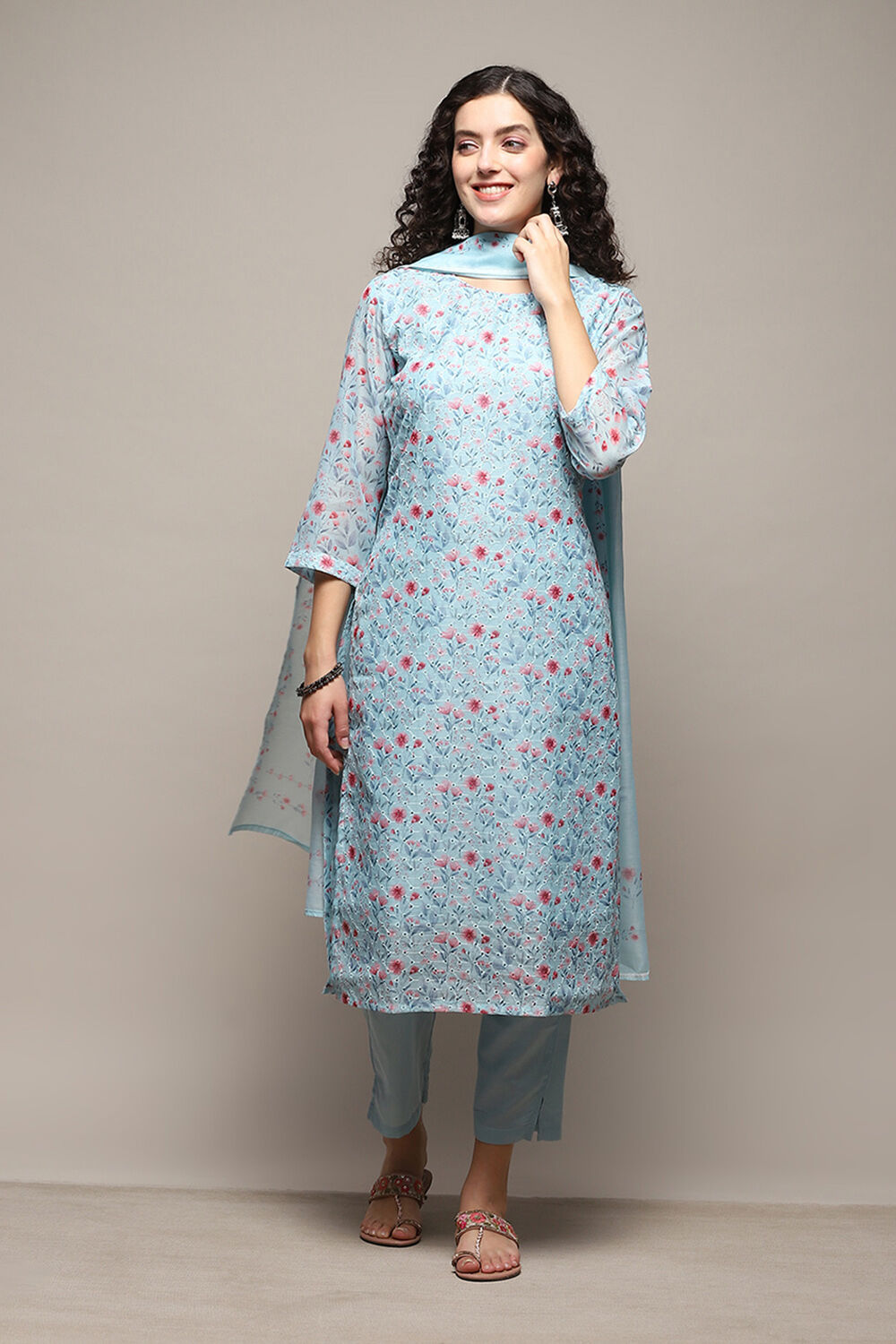 Blue Linen Blend Unstitched Suit Set image number 1