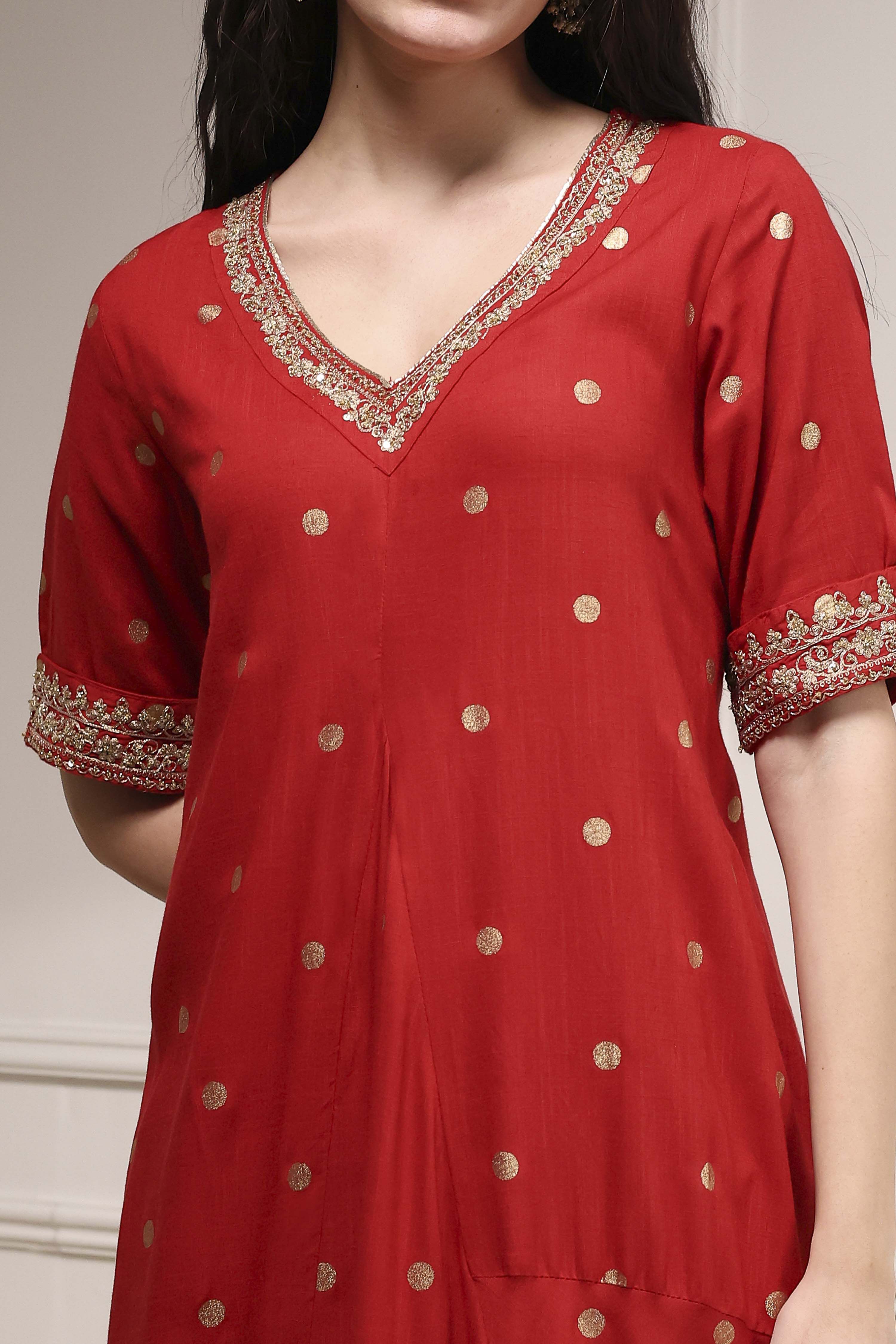 Red Printed Asymmetric A-Line Kurta image number 1