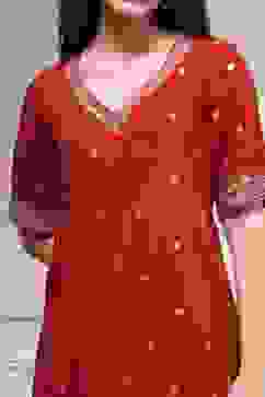 Red Printed Asymmetric A-Line Kurta image number 1