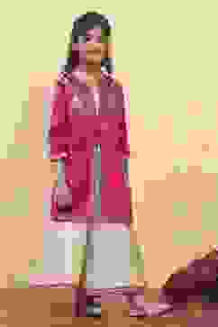 Red Cotton Yarndyed Front open Suit Set image number 5