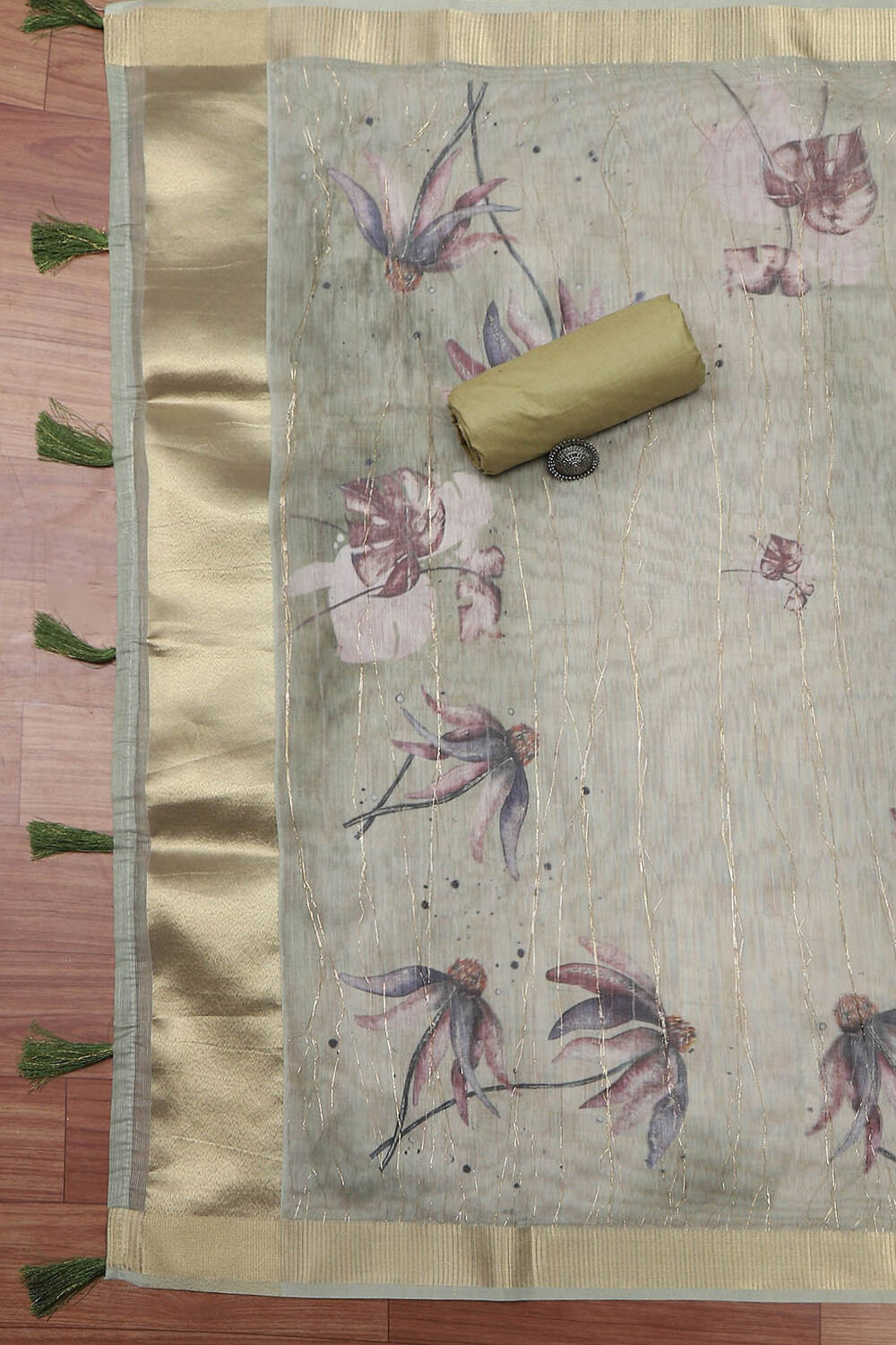 Mint Green Chanderi Double Dupatta Unstitched Suit Set image number 3