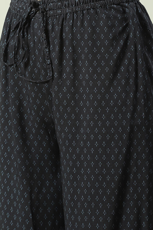 Black Printed Rayon Asymmetric Kurta Palazzo Suit Set image number 2