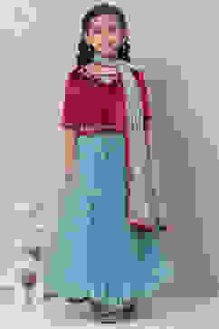 Maroon & Teal Viscose Straight Kurta Lehenga Suit Set image number 4