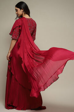 Berry Pre-draped Nylon Saree With A Stitched Blouse image number 4