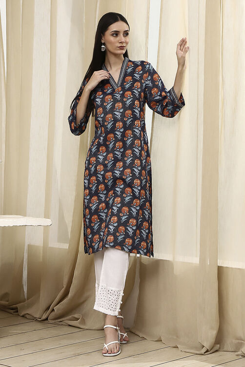 Teal Cotton Printed Straight Kurta image number 0