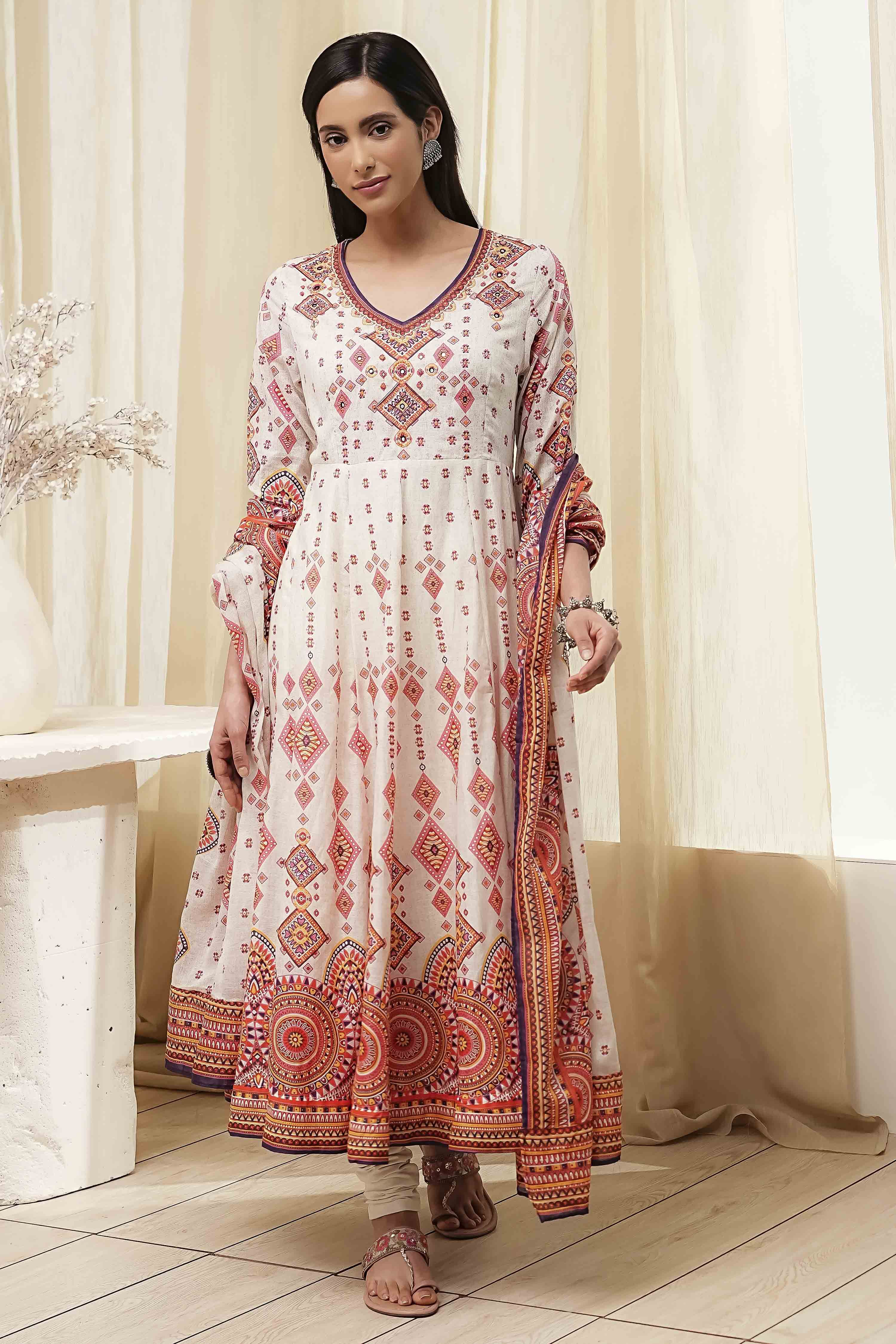 Ecru Cotton Printed Anarkali Suit Set image number 6