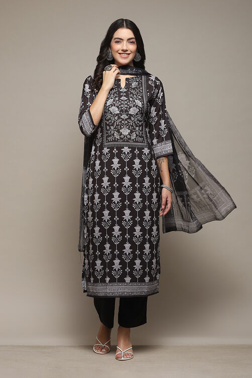 Black Silk Blend Digital Print Unstitched Suit Set image number 8