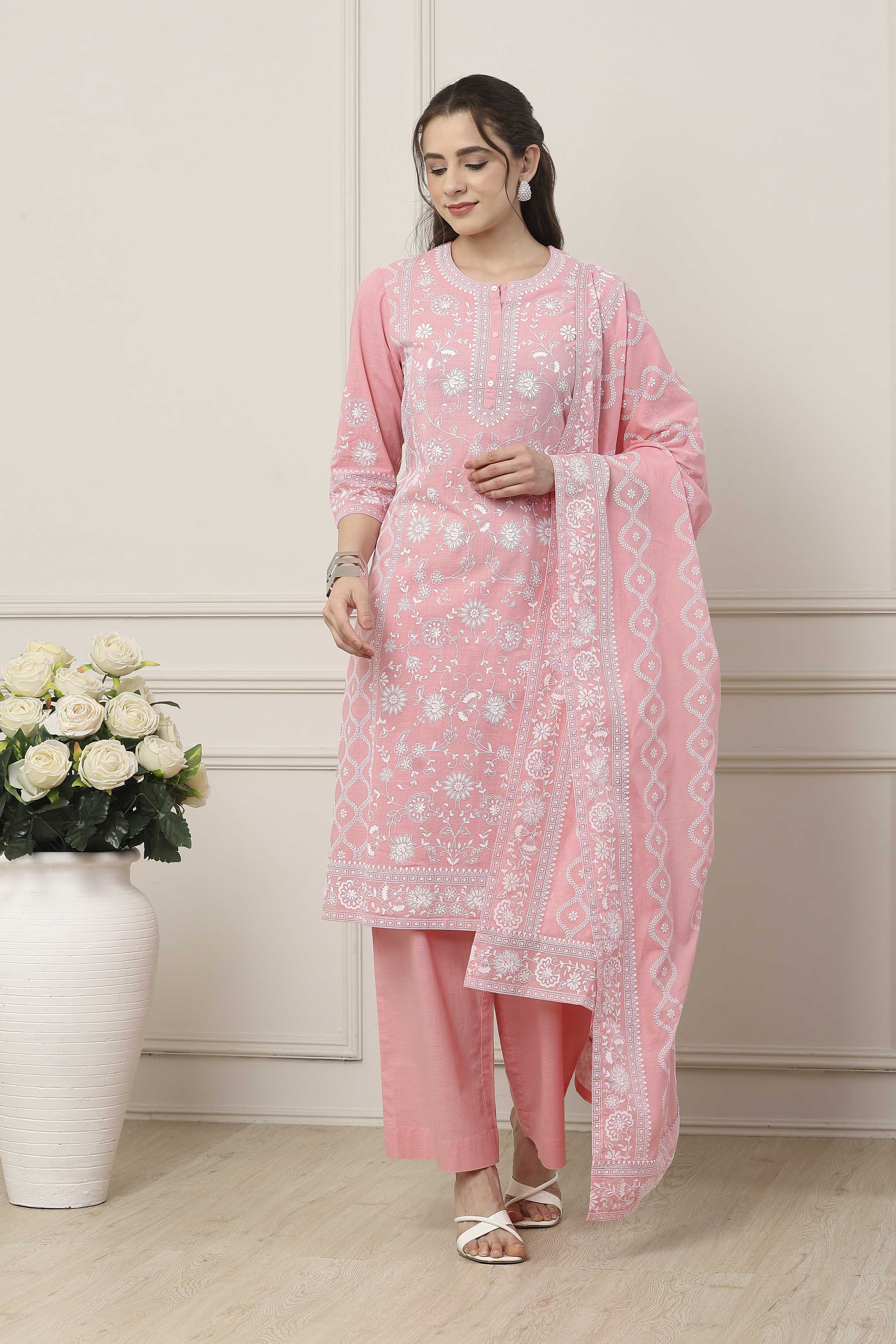 Pink & White Cotton Floral Printed Straight Suit Set image number 6