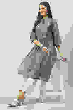 Grey Art Silk A-Line Printed Kurta image number 5