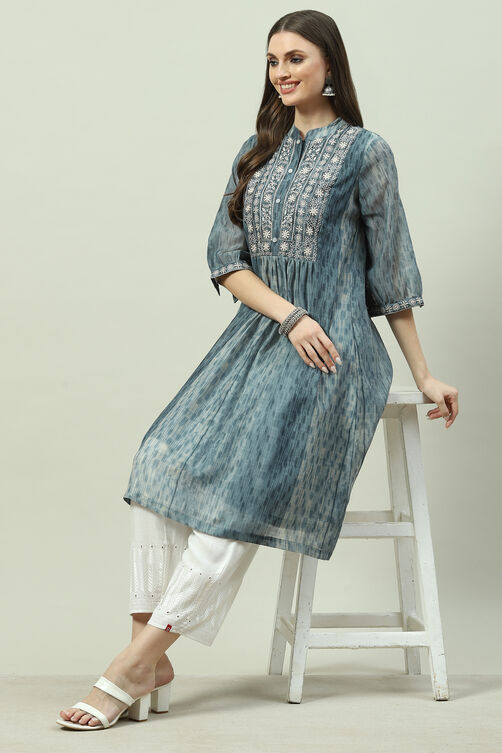 Grey Art Silk A-Line Printed Kurta image number 5