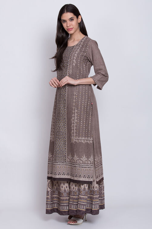 Sand Brown Cotton Flax Straight Printed Kurta image number 2