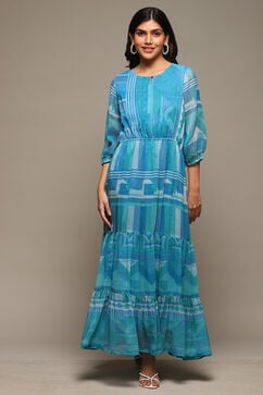 Blue Cotton Blend Tiered Printed Dress image number 5