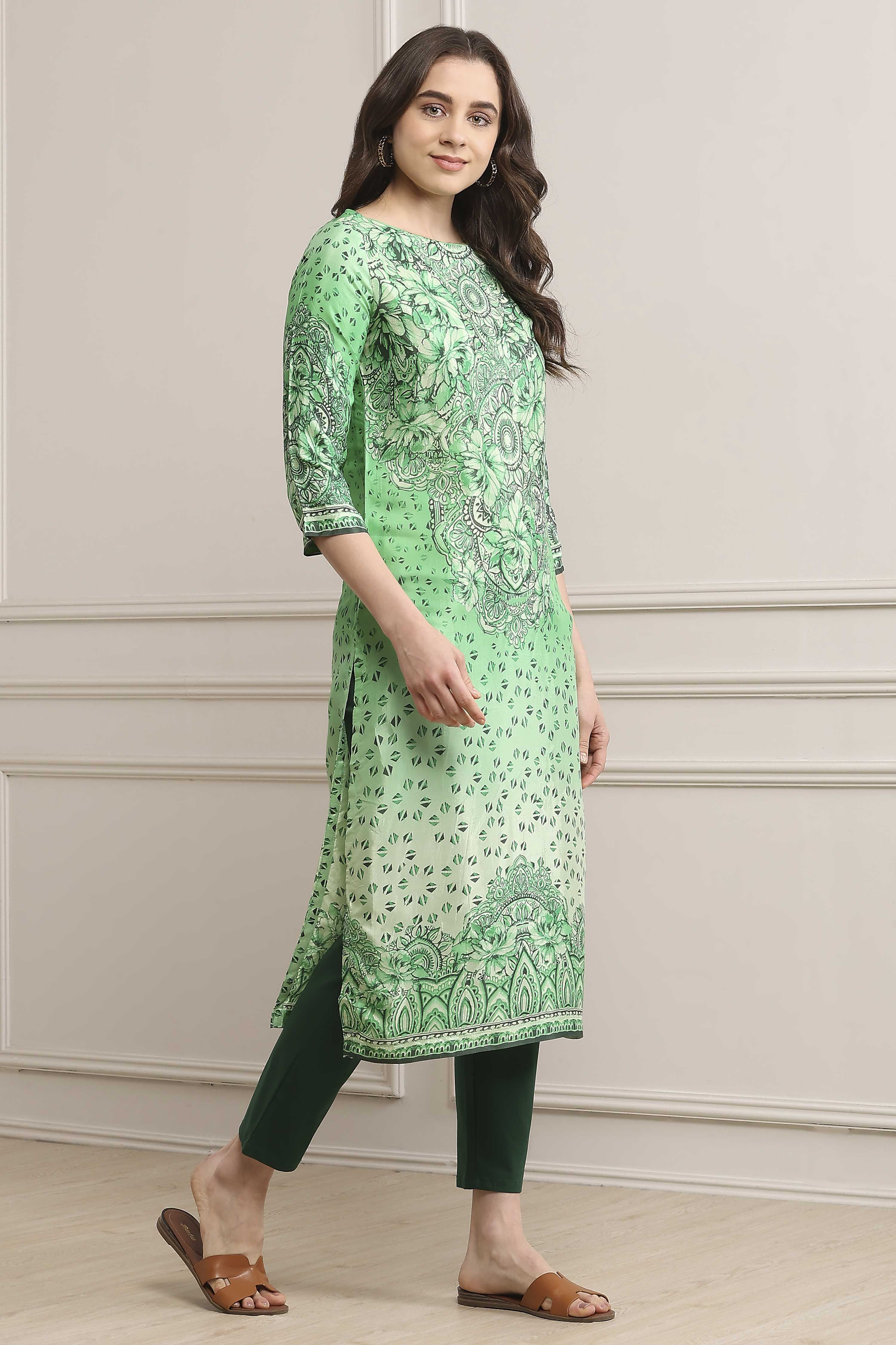 Green LIVA Straight Printed Kurta image number 4