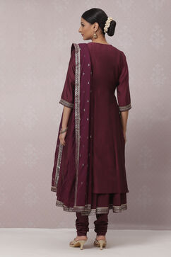 Wine Cotton Silk Flared Kurta Churidar Suit Set image number 9