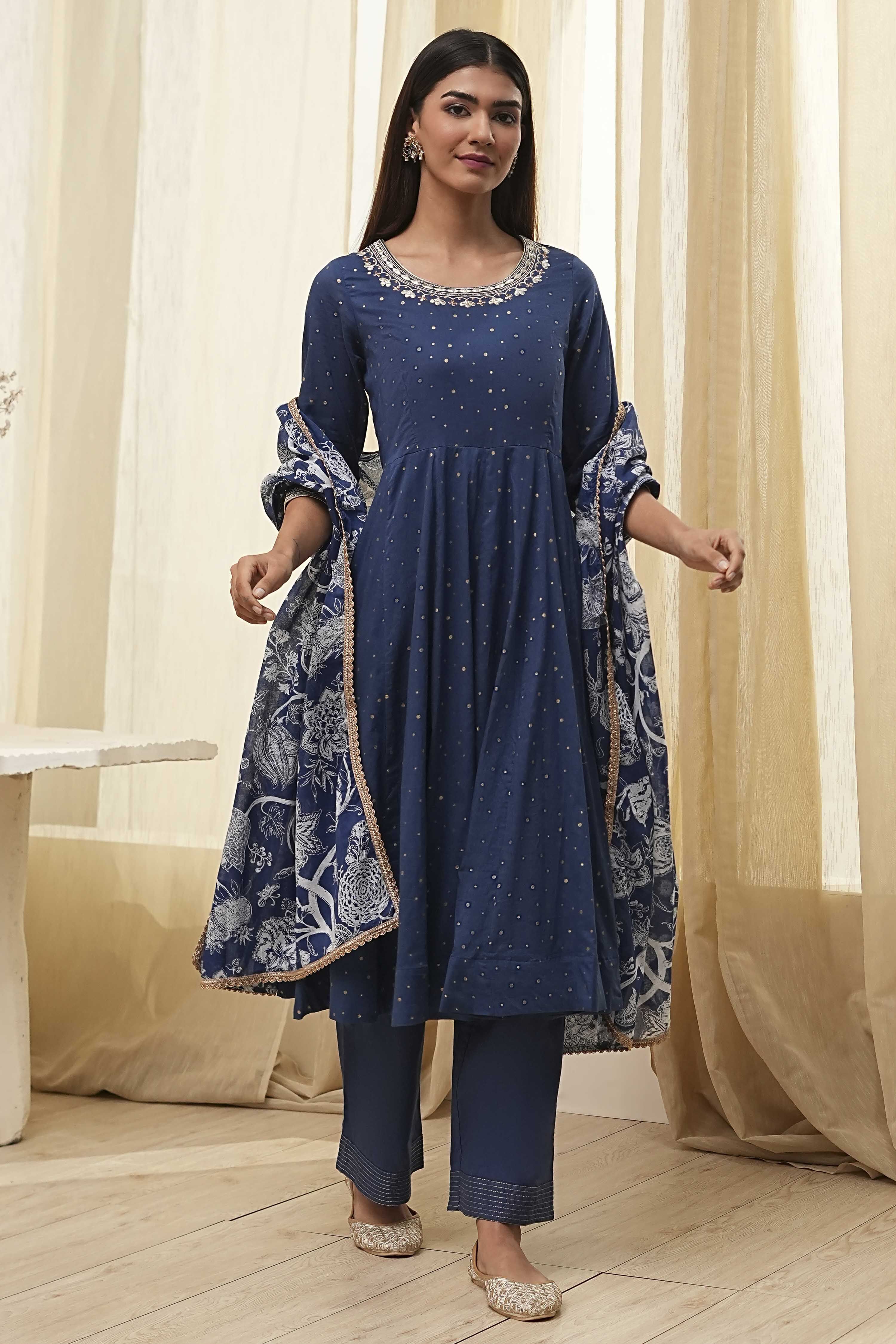 Blue Cotton Foil Printed Anarkali Suit Set image number 6