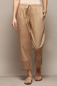 Beige Cotton Regular Solid Pants image number 5